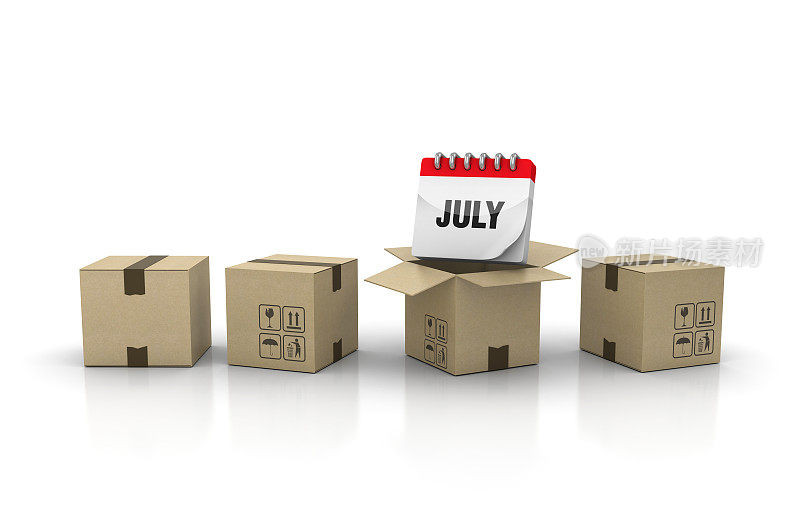 纸板盒与七月日历- 3D渲染